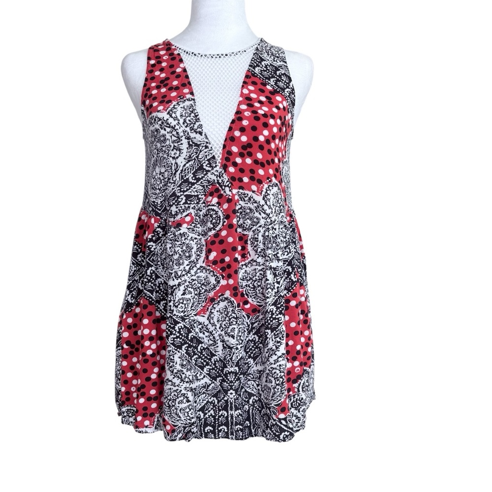 MINKPINK Red, Black Babydoll Patchwork Paisley Fit and Flare Polka Mini Dress XS